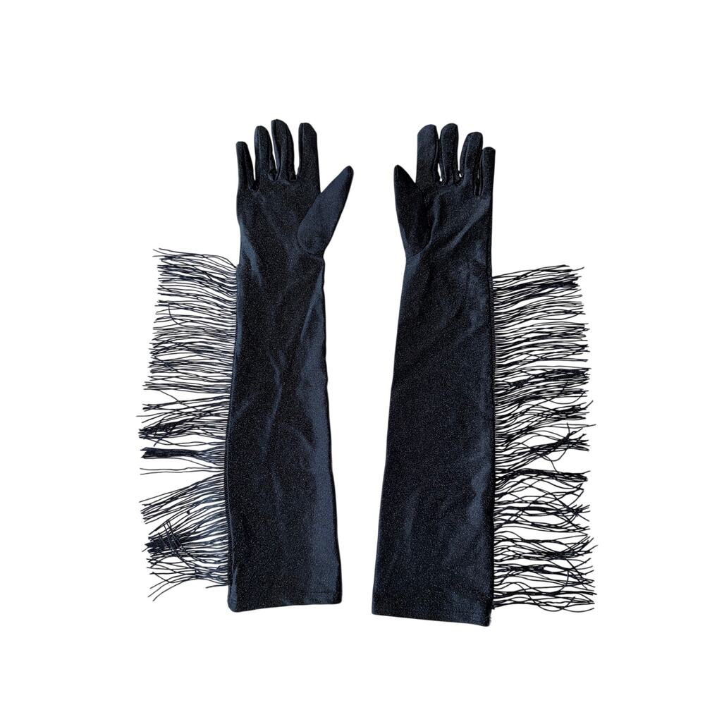 Black stretch elbow length gloves with fringe western costume dress up opera OS